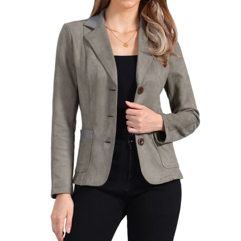 Faux Suede Blazer Lapel Collar Button Front Long Sleeve Jacket Grey
